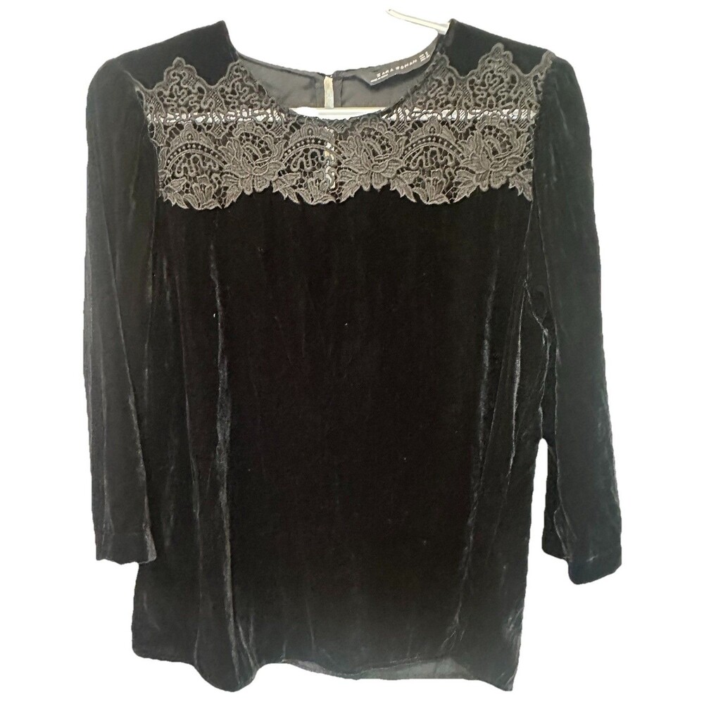 Zara Top Womens Small Elegant Black Velvet Crochet Lace Scoop 3/4 Pullover
